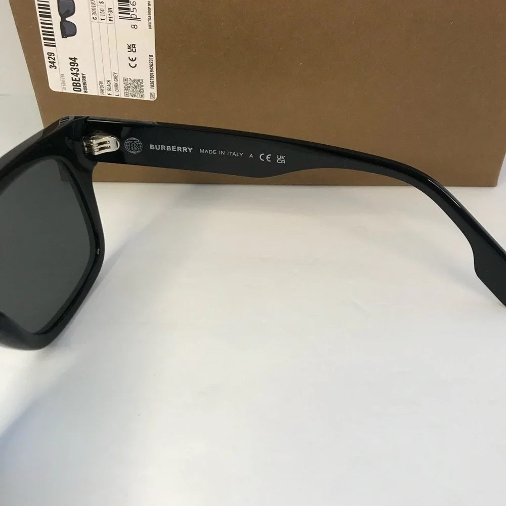 BURBERRY Hayden BE4394 square sunglass black frame with dark grey lenses.
